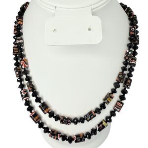 Vintage Black Millefiori Glass Crystal Beaded Necklace 24" Multi-Strand Layered